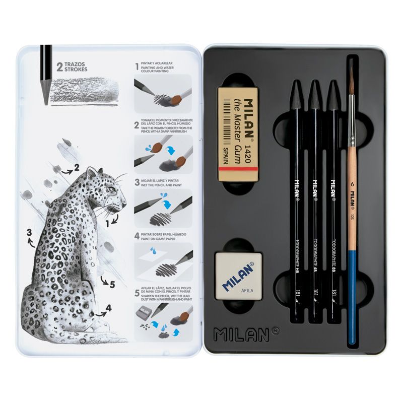 Milan Metal box 3 woodless watersoluble graphite pencils (HB, 4B & 8B) + 1 Afila pencil sharpener + 1 The Master Gum eraser + 1 brush
