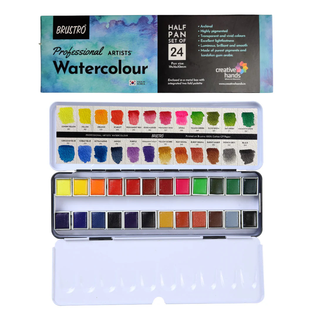 BRUSTRO PROFESSIONAL WATER COLOUR HALF PAN SET OF 24