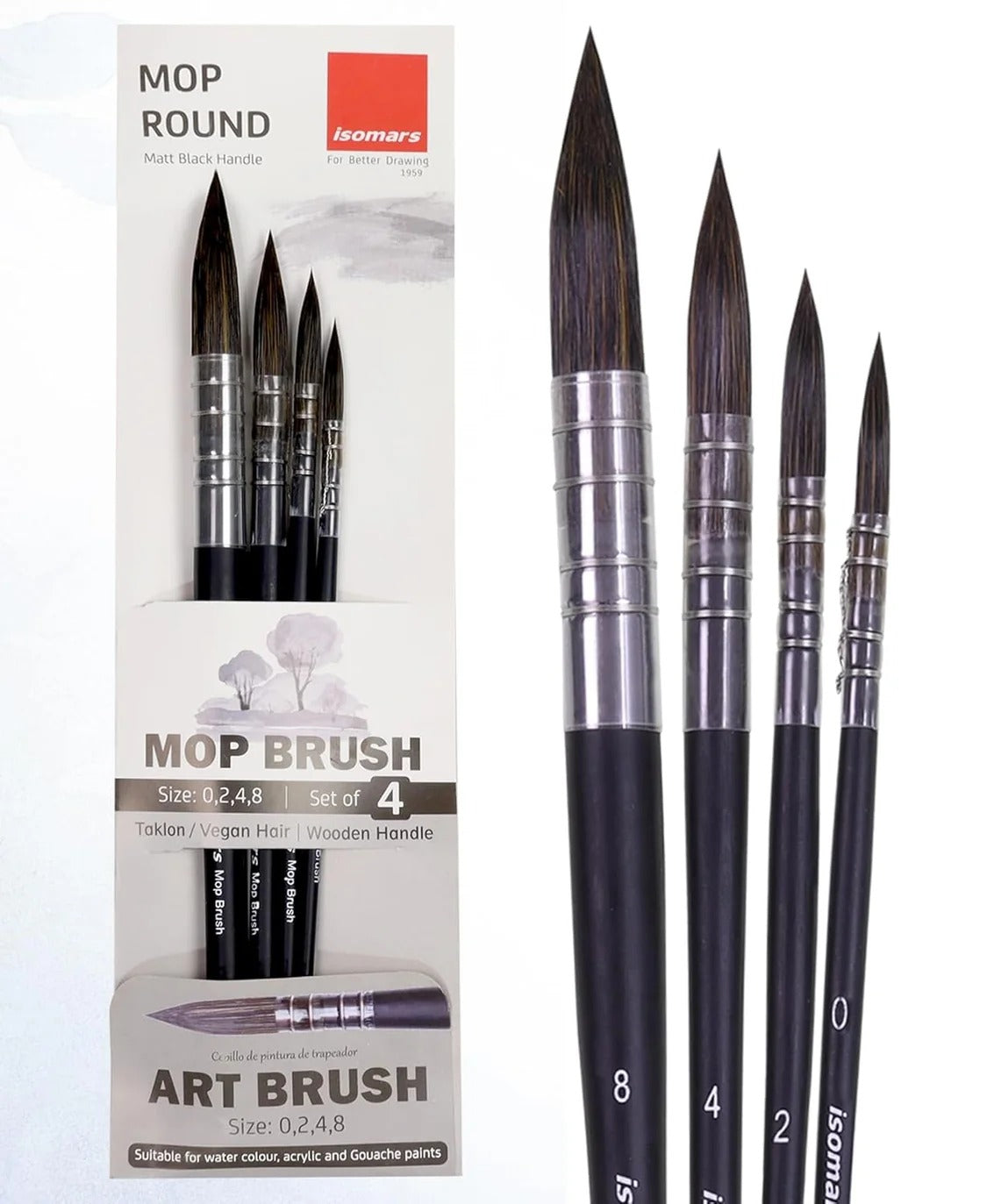 Isomars Mop Brush Set of 4 - Professional Watercolor Paint Brushes- Round Wash Brushes SKU MOPB-BL