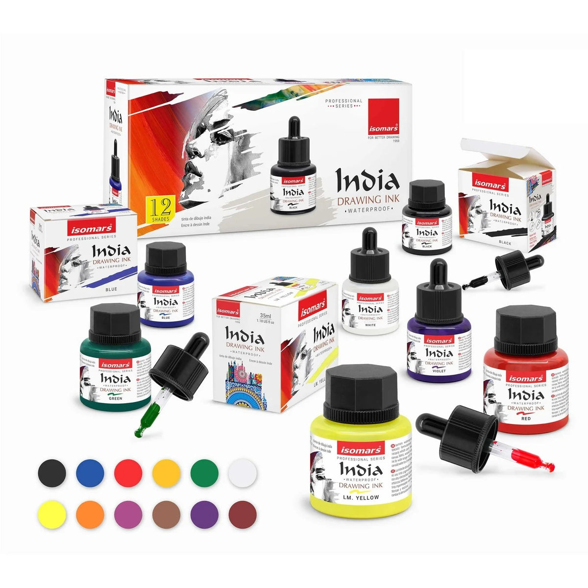 Isomars India Drawing Ink 35ml, 12 shade set IWD012