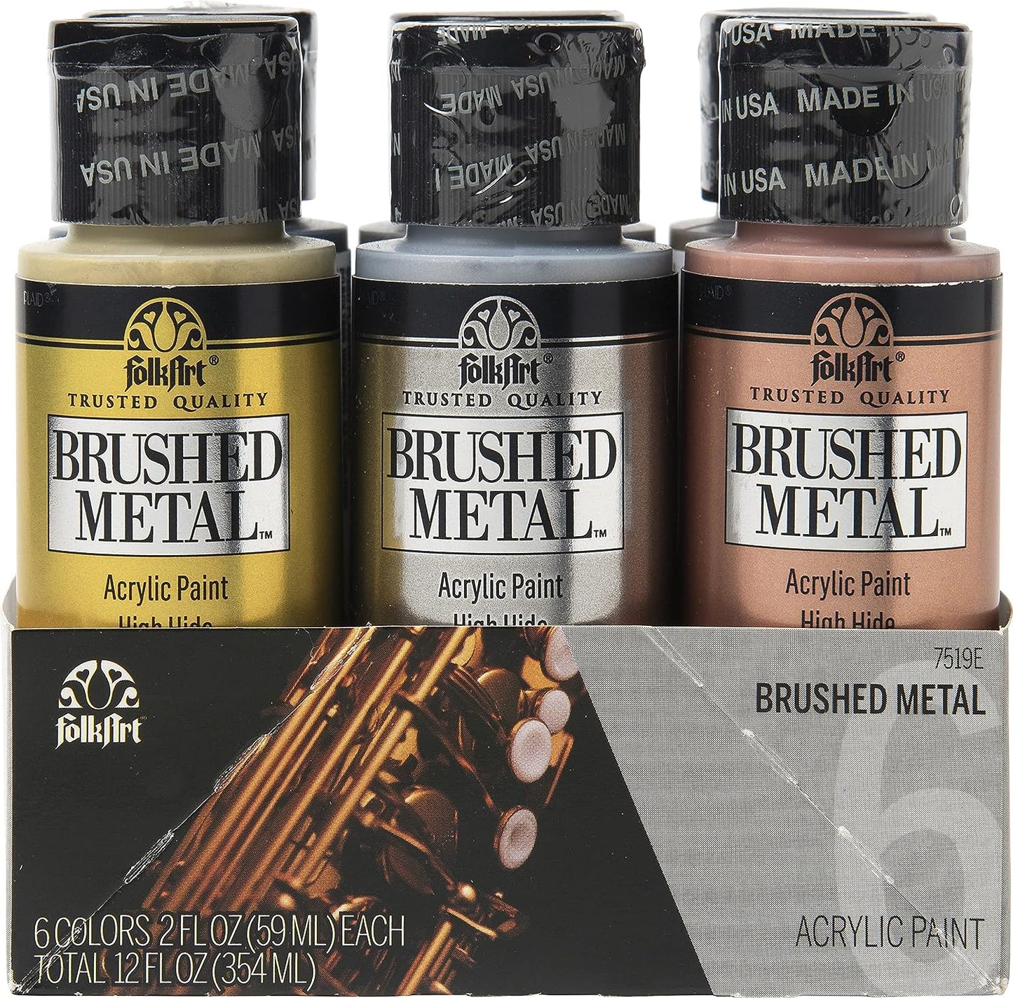 Plaid 6 Bottle Brushed Metal Acrylic Craft Paint, 2 oz 7519E