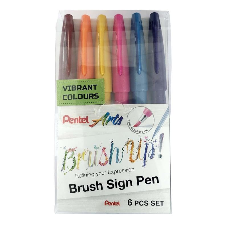 PENTEL SES15C BRUSH SIGN PEN VIBRANT COLOR SET OF 6