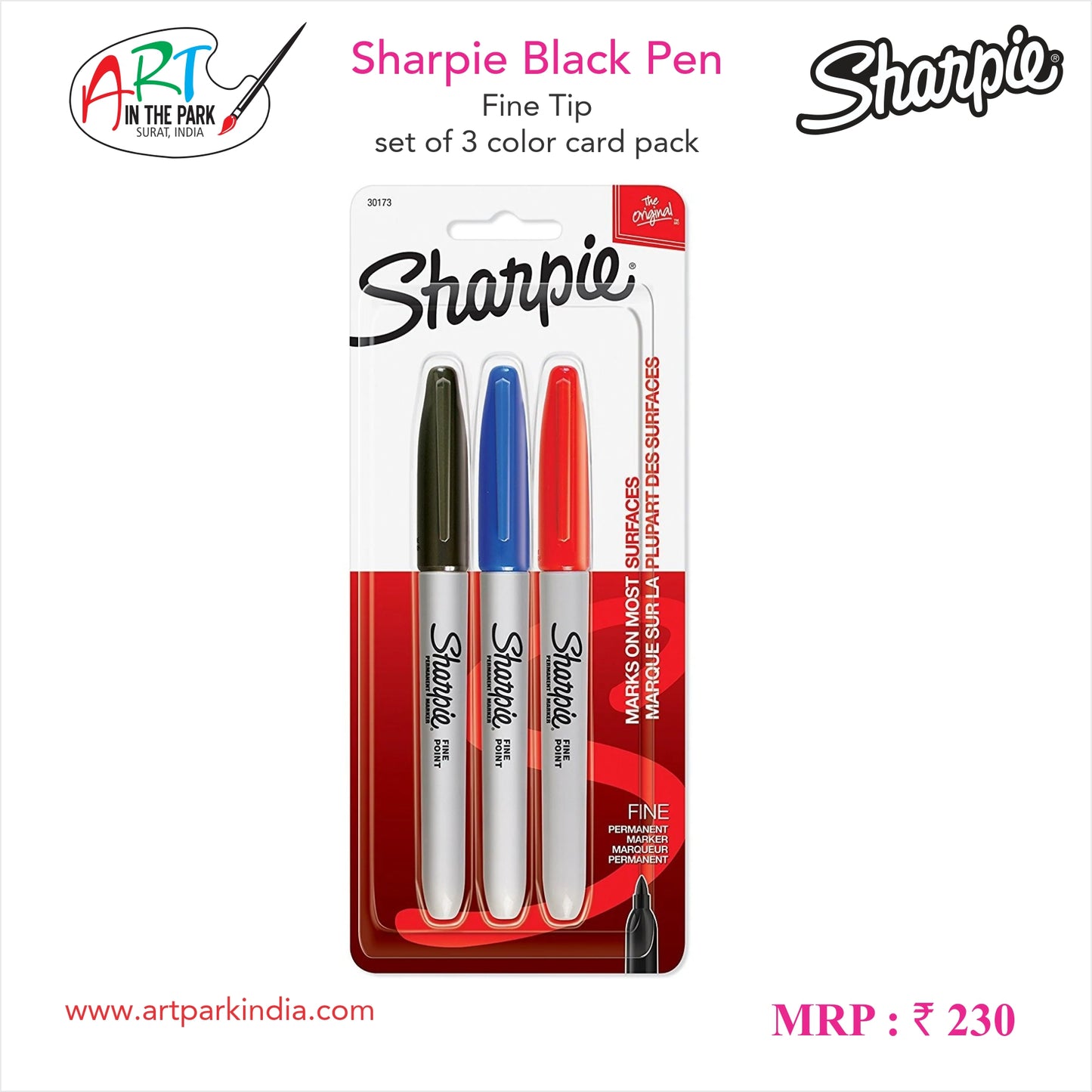 SHARPIE BLACK PEN FINE TIP SET OF 3 COLOUR CARD PACK