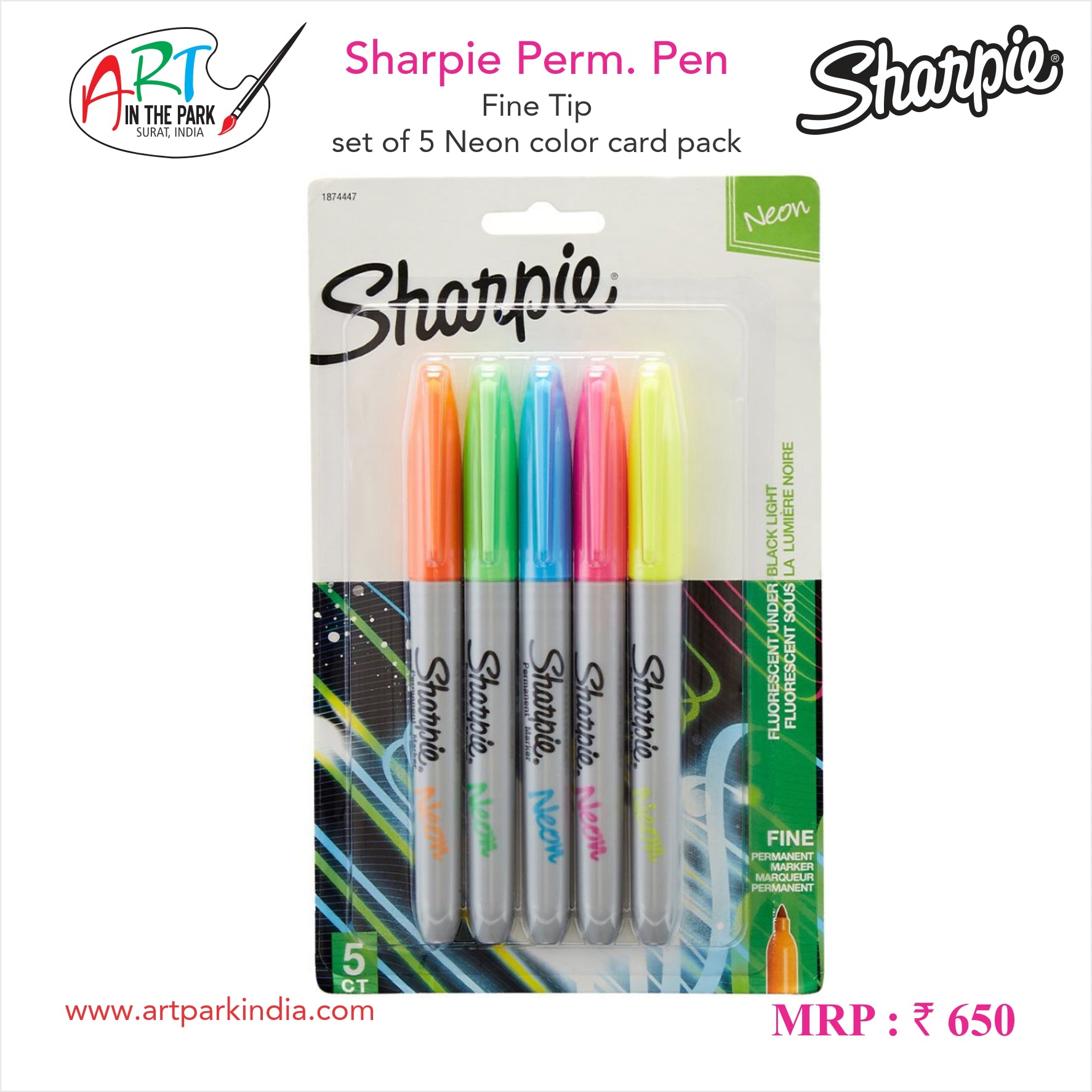  SHARPIE 1874447 Neon Permanent Markers, Fine Point, Assorted  Colors, 5 Count : Office Products