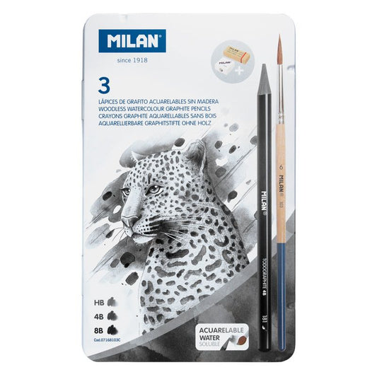 Milan Metal box 3 woodless watersoluble graphite pencils (HB, 4B & 8B) + 1 Afila pencil sharpener + 1 The Master Gum eraser + 1 brush