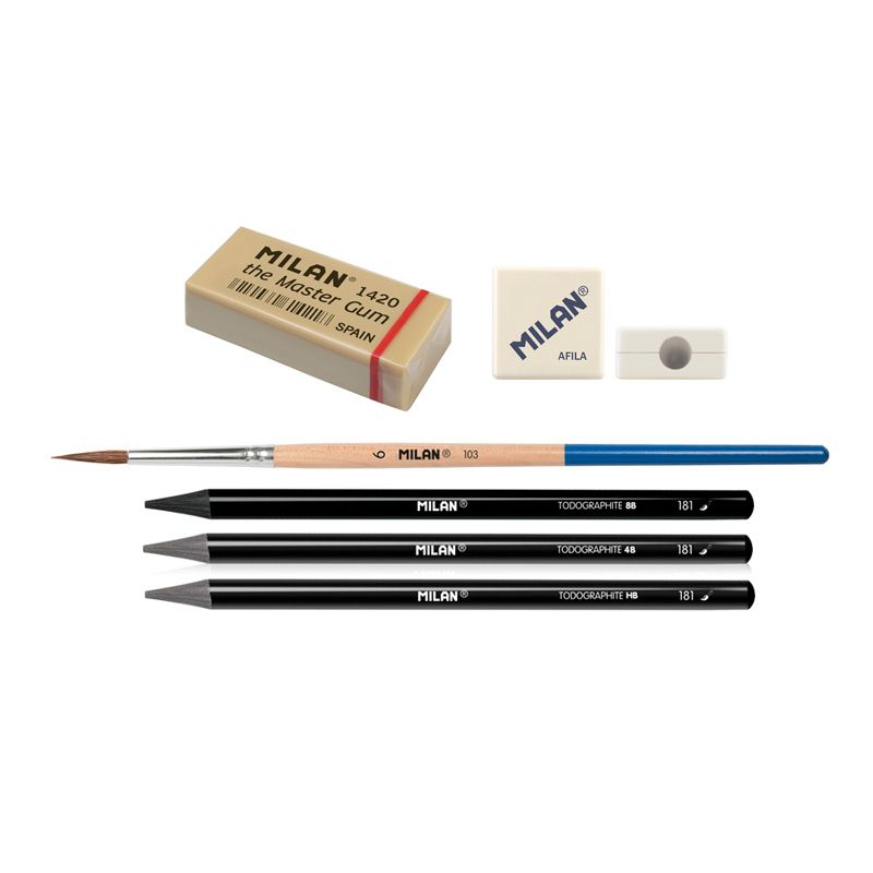 Milan Metal box 3 woodless watersoluble graphite pencils (HB, 4B & 8B) + 1 Afila pencil sharpener + 1 The Master Gum eraser + 1 brush