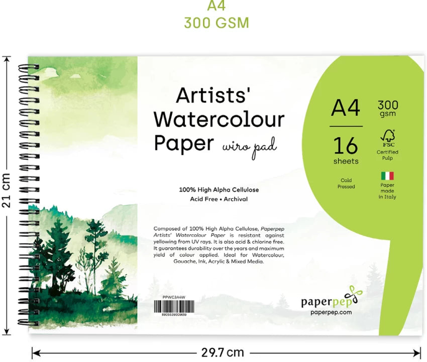 paperpep watercolour paper wiro pad-300gsm A4 PPWC3A4W