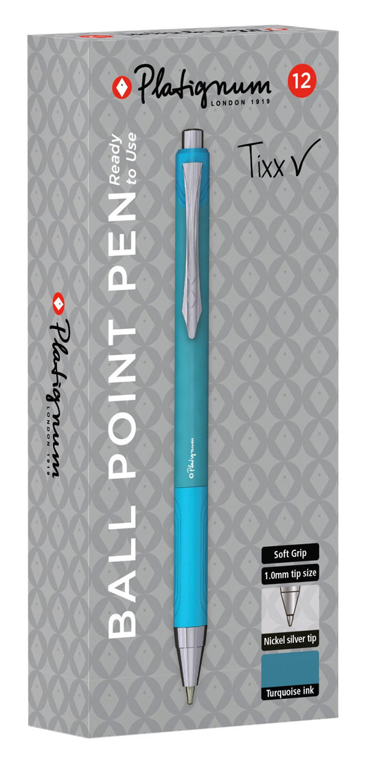 Platignum ball point pen soft grip barrel Turquoise pack of 12