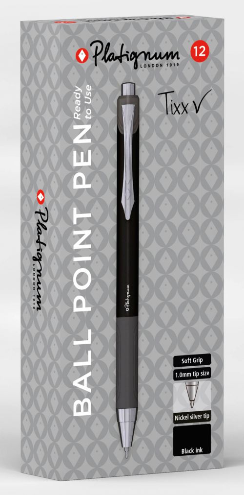 Platignum ball point pen soft grip barrel black pack of 12