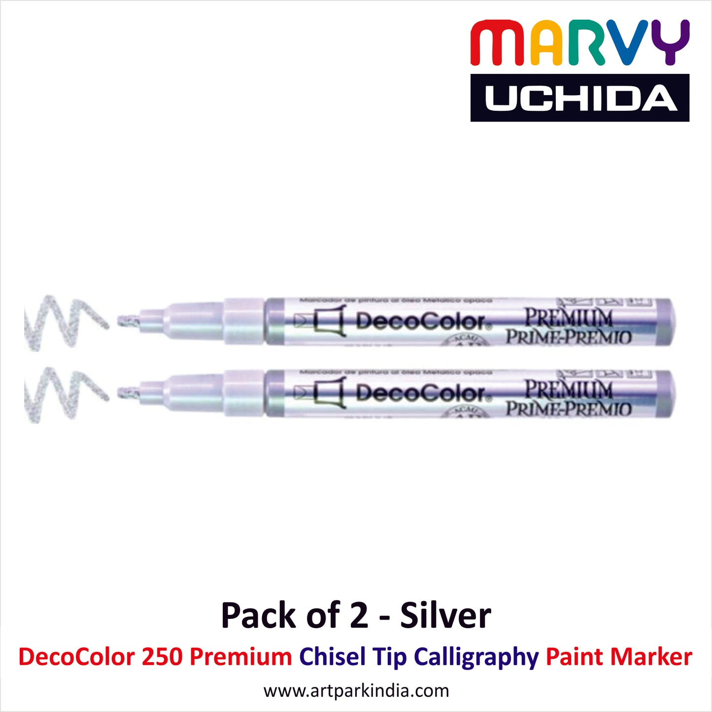 Marvy Uchida 250 Decocolor Premium Chiseltip Calligraphy Marker Silver Pack of 2