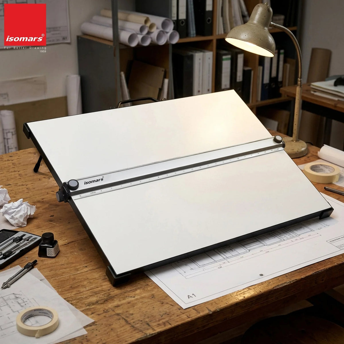 Isomars Professional drafting board with parallel ruler,