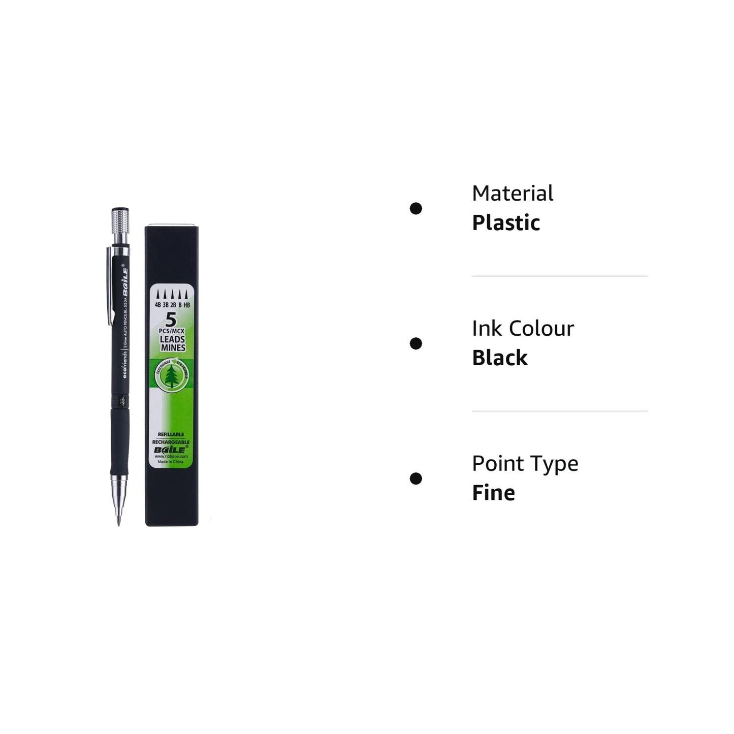 Baile 2.0mm Mechanical Auto Pencil + Lead Box (5 Leads) - Body Color Black