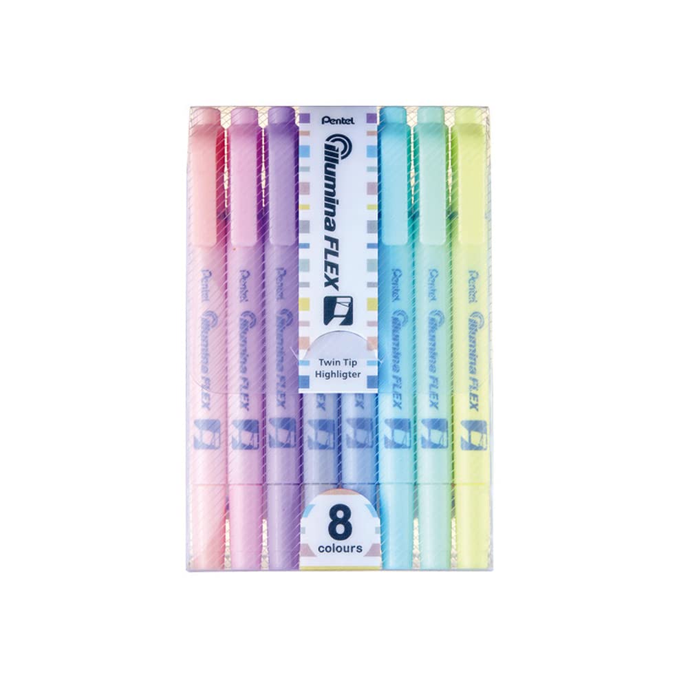 Pentel Illumina Flex Twin Tip Highlighter | Acid Free & Fade Resistant | Quick Drying | School & Office Stationery | Set of 8 Shades (SLW11)