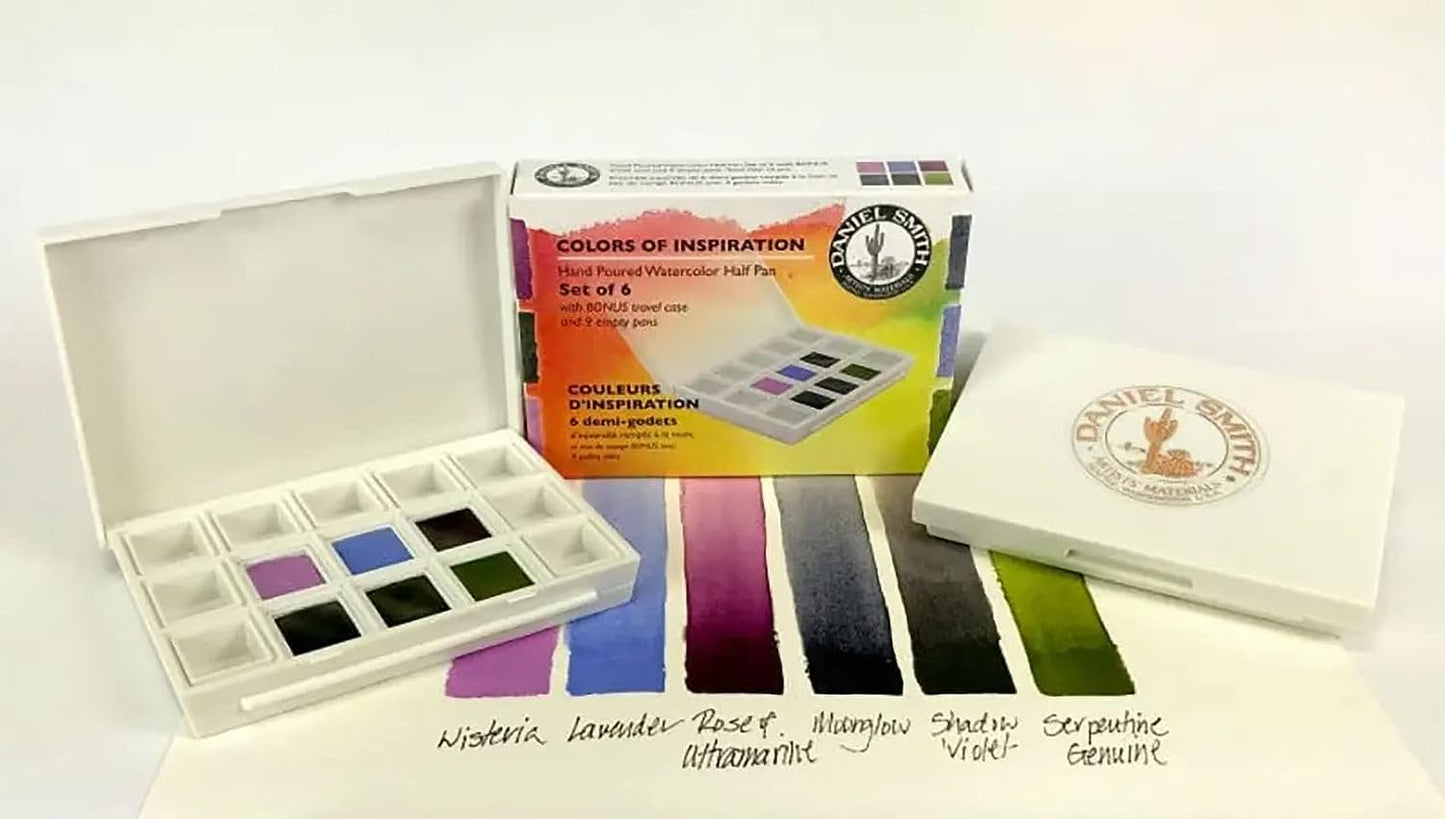 DANIEL SMITH Hand Poured Watercolor, Half Pans, Colors of Inspiration Set with 6 Watercolor Half Pans, 9 Empty Half Pans, 1 Plastic Travel Case  285650003