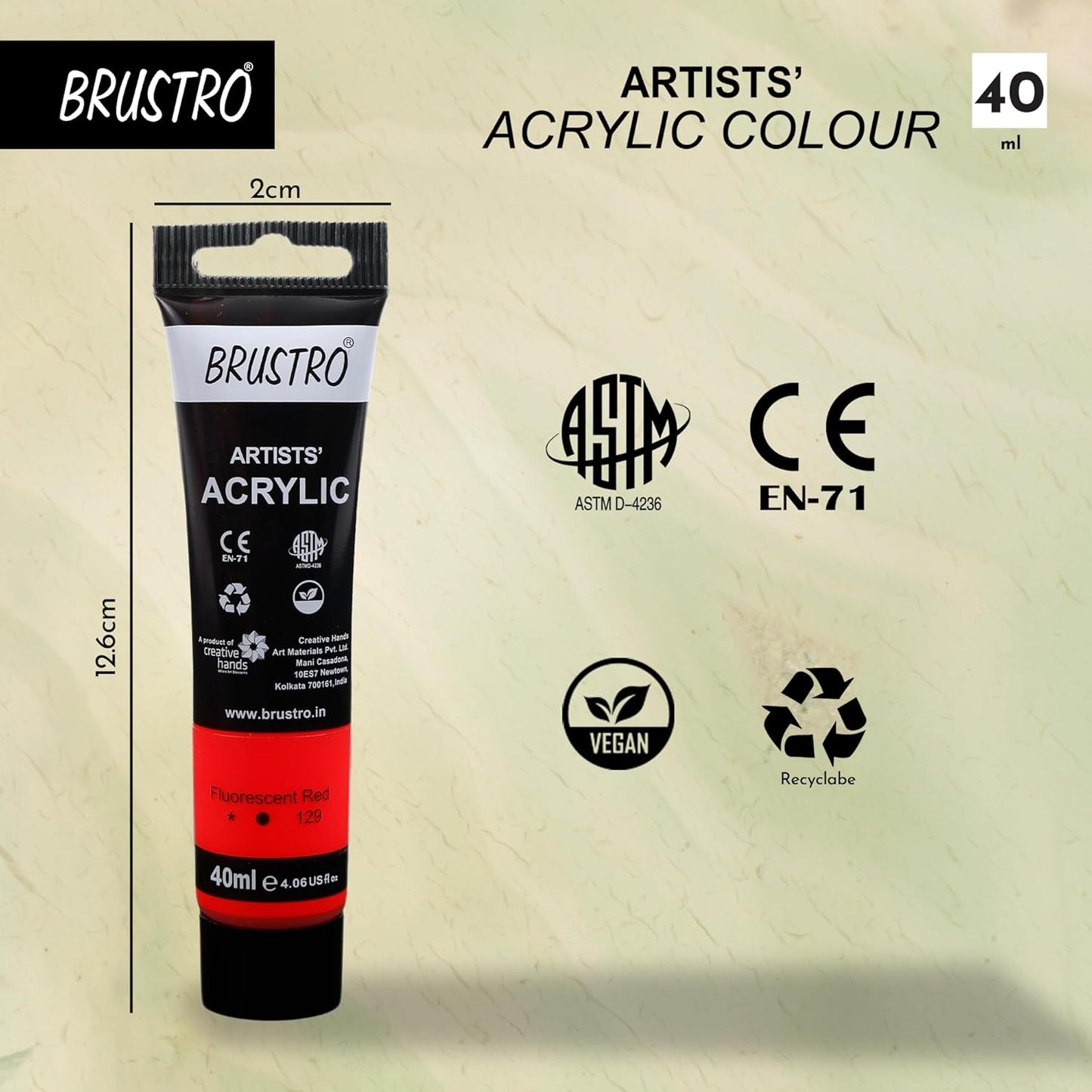 BRUSTRO ACRYLIC TUBE 40ML FLUORESCENT RED 129