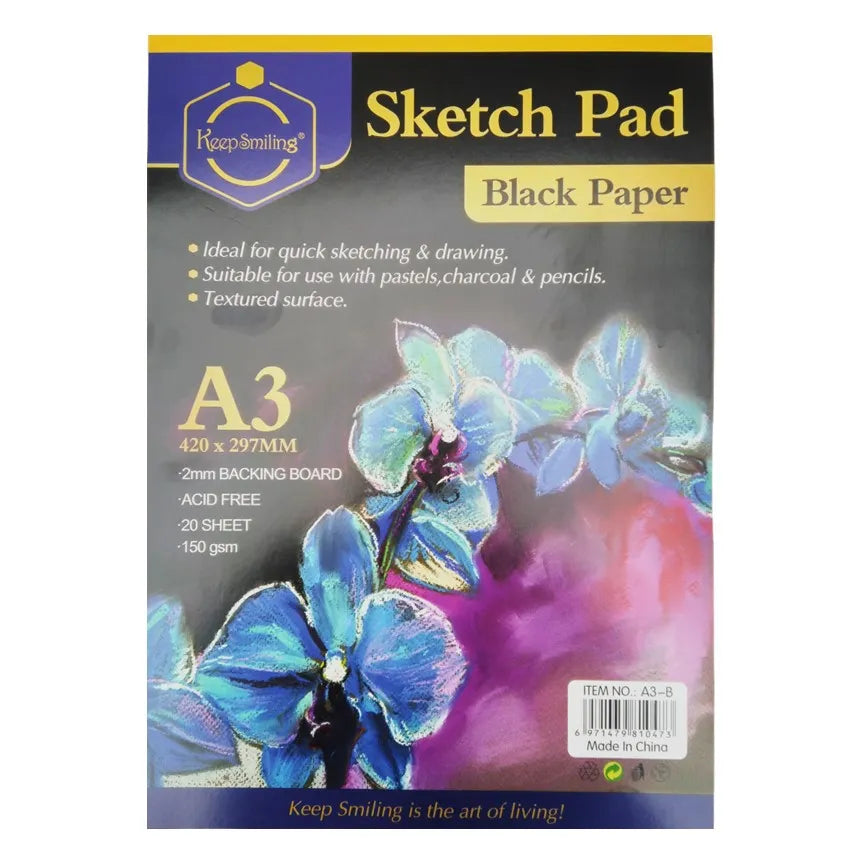 KEEP SMILING SKETCH PAD BLACK PAPER A3 150 GSM 20 SHEET