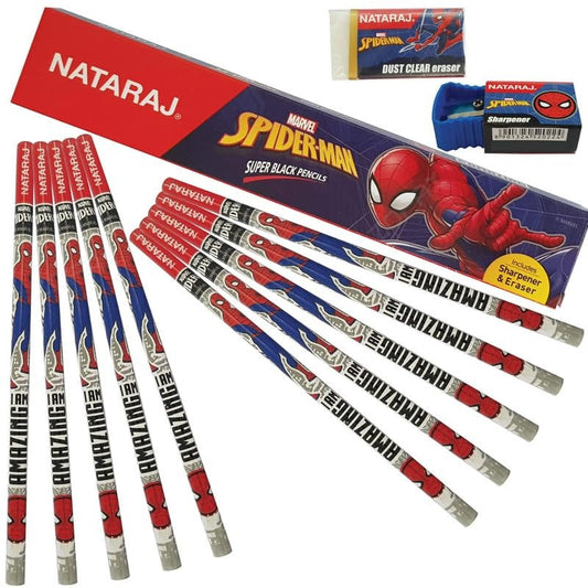 NATARAJ SPIDERMAN SUPER BLACK PENCIL + SHARPNER +ERASER