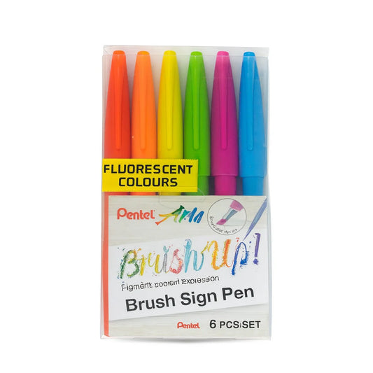 PENTEL BRUSH SIGN PEN FLUORSCENT COLOR SET OF 6
