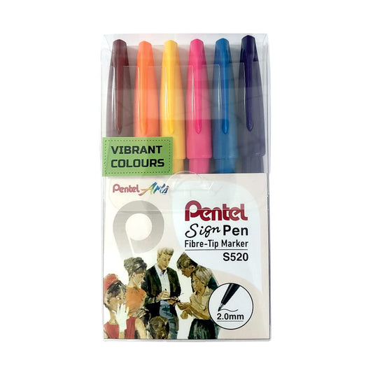 PENTEL BRUSH SIGN PEN VIBRANT COLOR SET OF 6