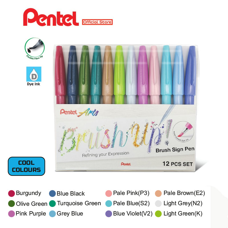 PENTEL SES15C BRUSH SIGN PEN COOL SET OF 12