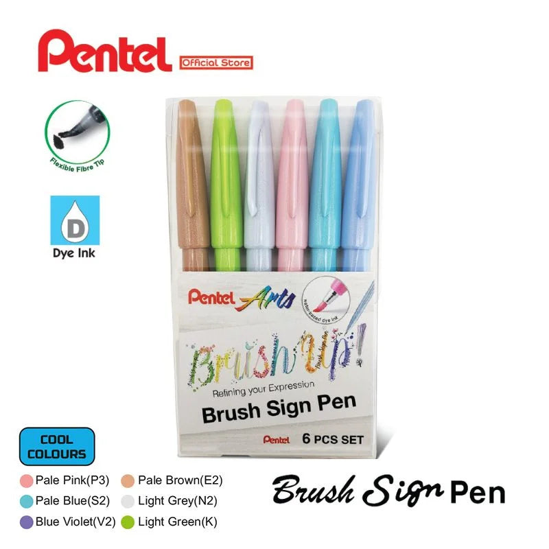 PENTEL SES15C BRUSH SIGN PEN COOL SET OF 6