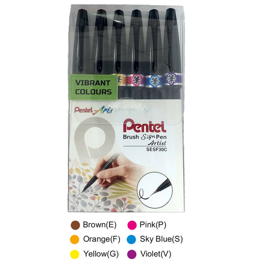 PENTEL SESF30C BRUSH SIGN PEN VIBRANT COLOR SET OF 6