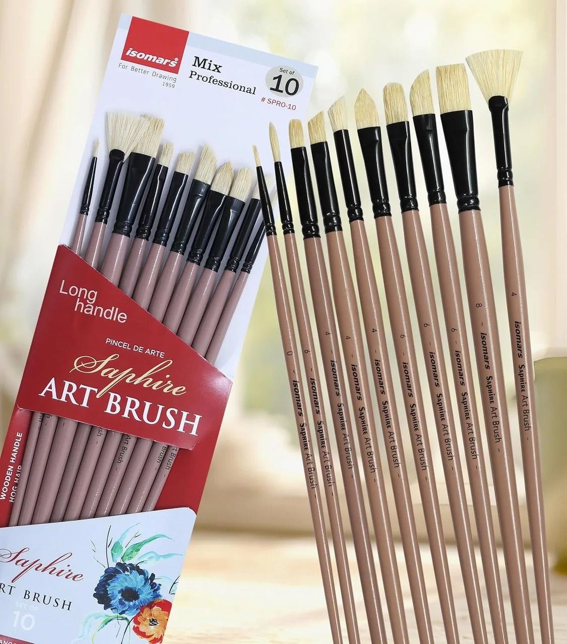Saphire Professional Paint Brush Set of 10 | Mixed Long Handle Hog Hair Artist Brushes for Acrylic & Oil Painting | Filbert, Fan, Angular, Flat, Round, Deer Foot, Dagger, Cat’s Tongue Canvas Brush Set SKU SPRO10