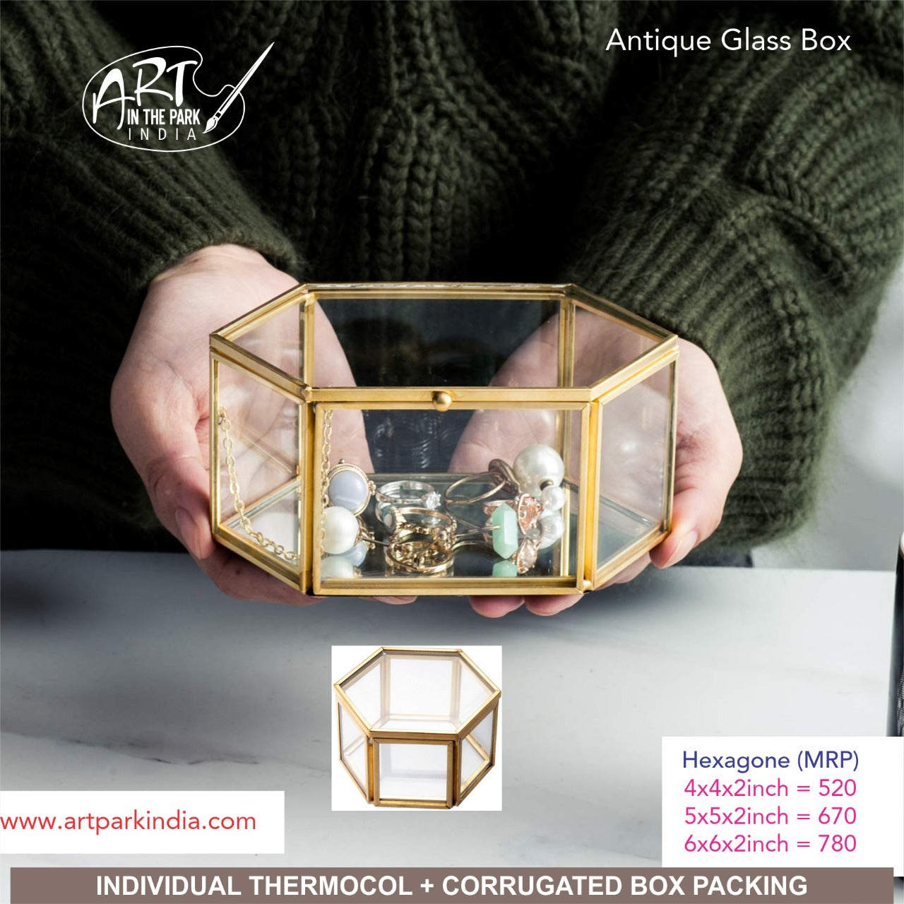ARTPARK ANTIQUE GLASS BOX HEXAGONE 6X6X2"